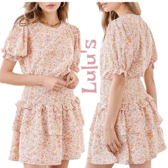 Lulu's Womens Isn't She Darling Blush Floral Puff Sleeve Mini Dress Sz L Spring - Picture 1 of 15